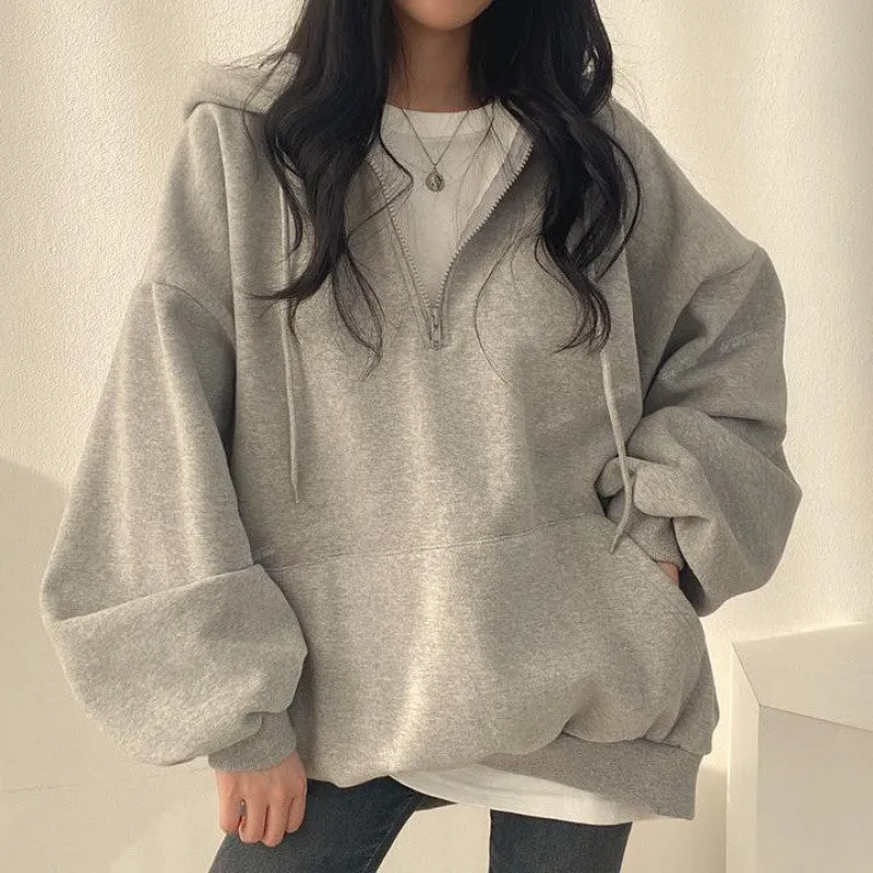 METAVERSMALL Zipper hooded sweater women's loose Korean version solid color top versatile spring and autumn winter velvet jacket ins tide