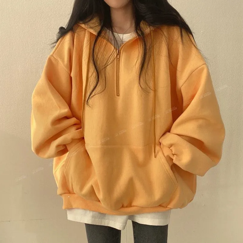 METAVERSMALL Zipper hooded sweater women's loose Korean version solid color top versatile spring and autumn winter velvet jacket ins tide