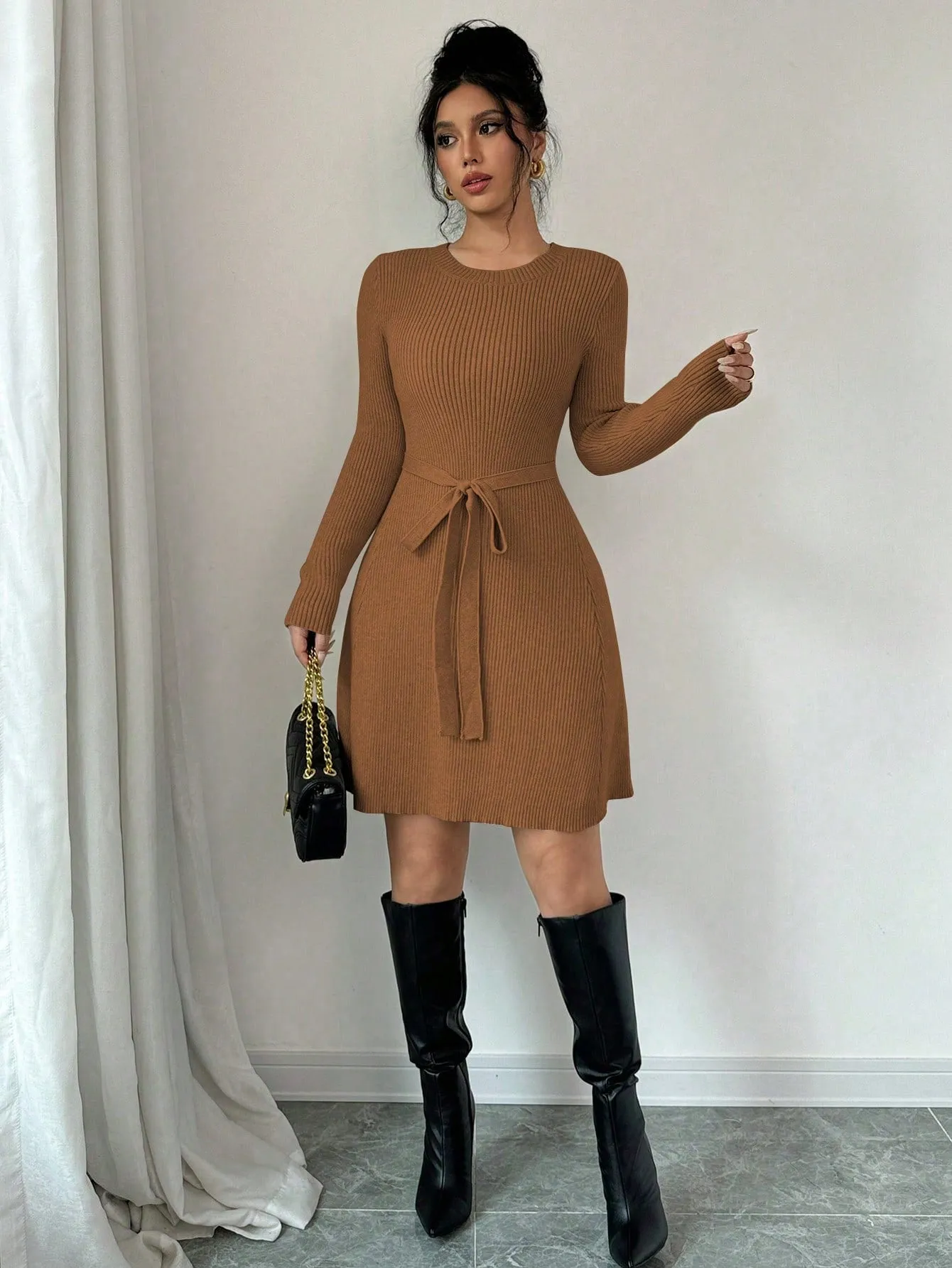 Minimalist Elegant Solid Color Fitted A-Line Mid-Length Sweater Dress