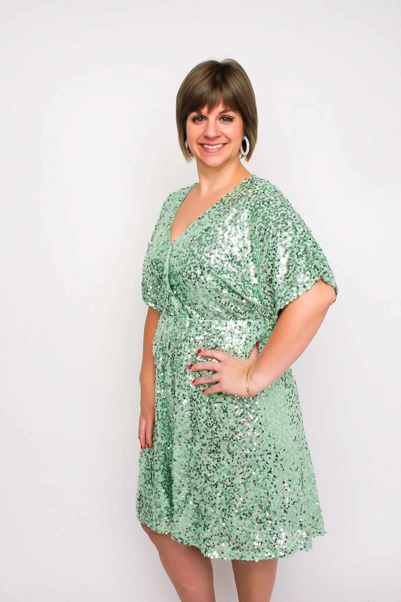 Mint Flutter Sleeve Sequin Dress