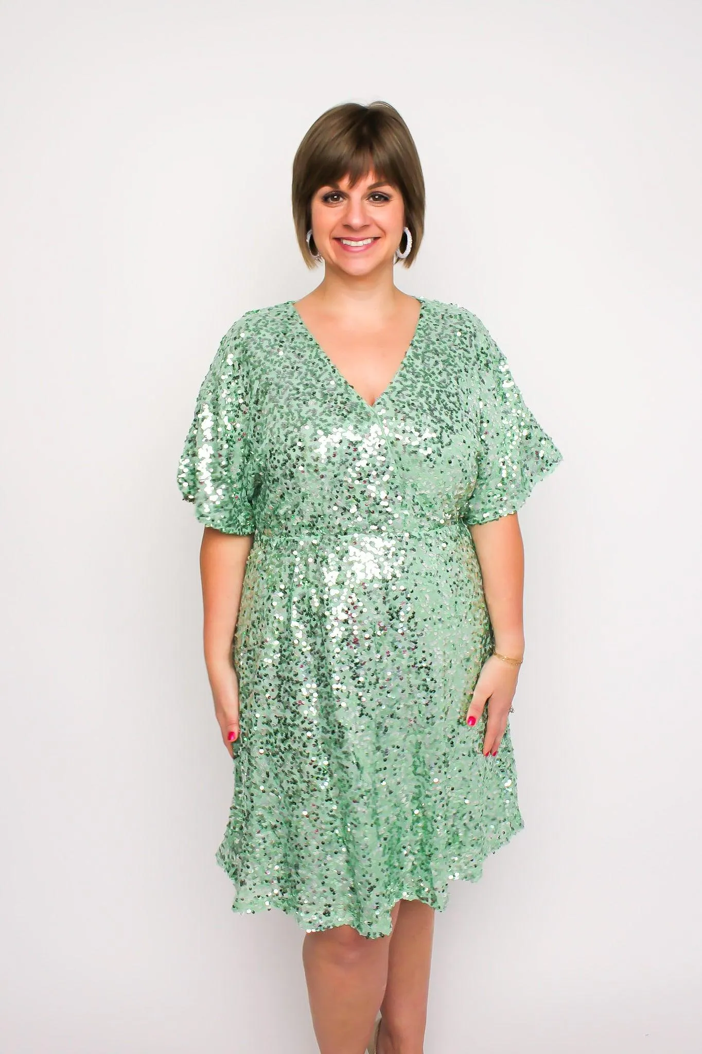 Mint Flutter Sleeve Sequin Dress