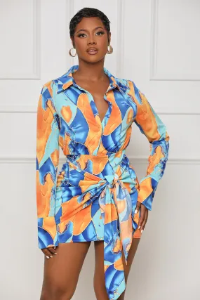 Miss Connected Abstract Wrap Dress (Blue Multi)- FINAL SALE