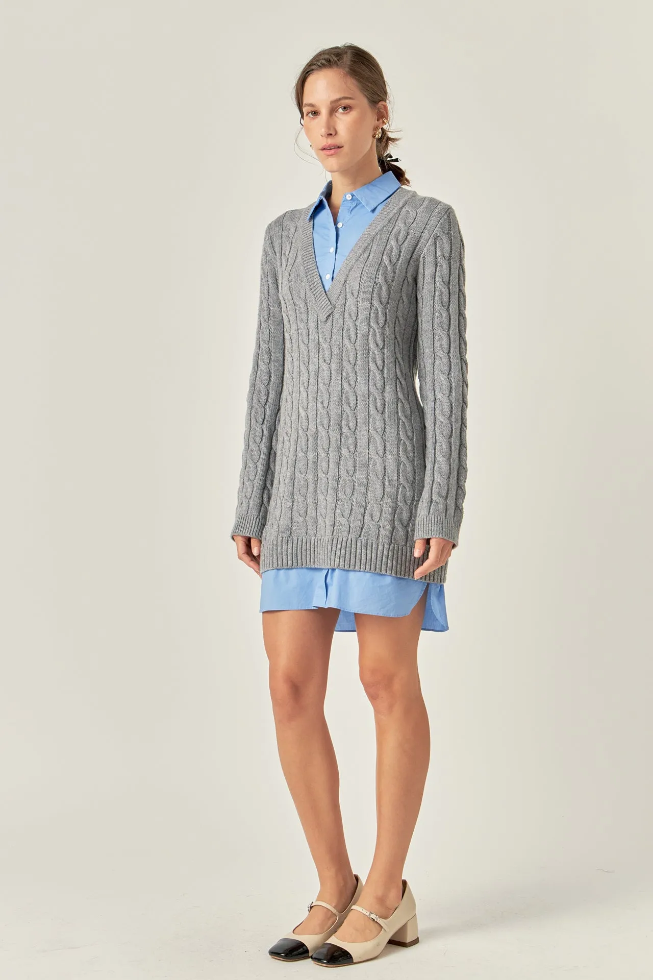 Mixed Media Cable Knit V-Neck Drop Sweater Dress