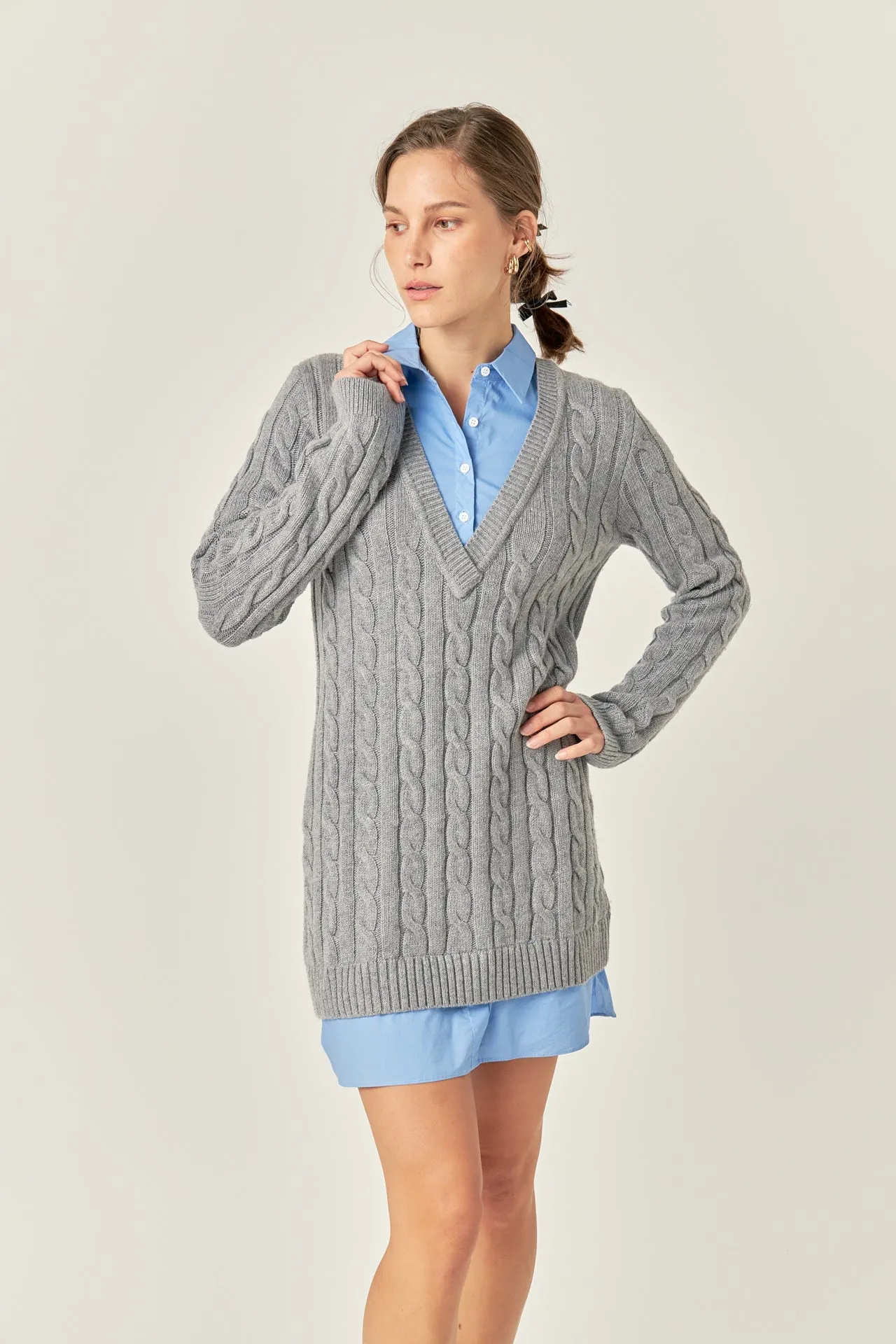 Mixed Media Cable Knit V-Neck Drop Sweater Dress