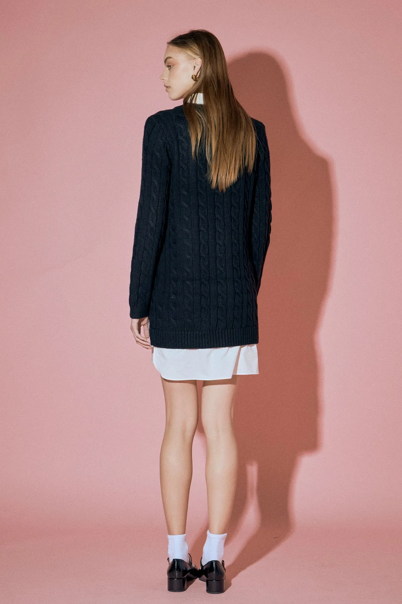 Mixed Media Cable Knit V-Neck Drop Sweater Dress