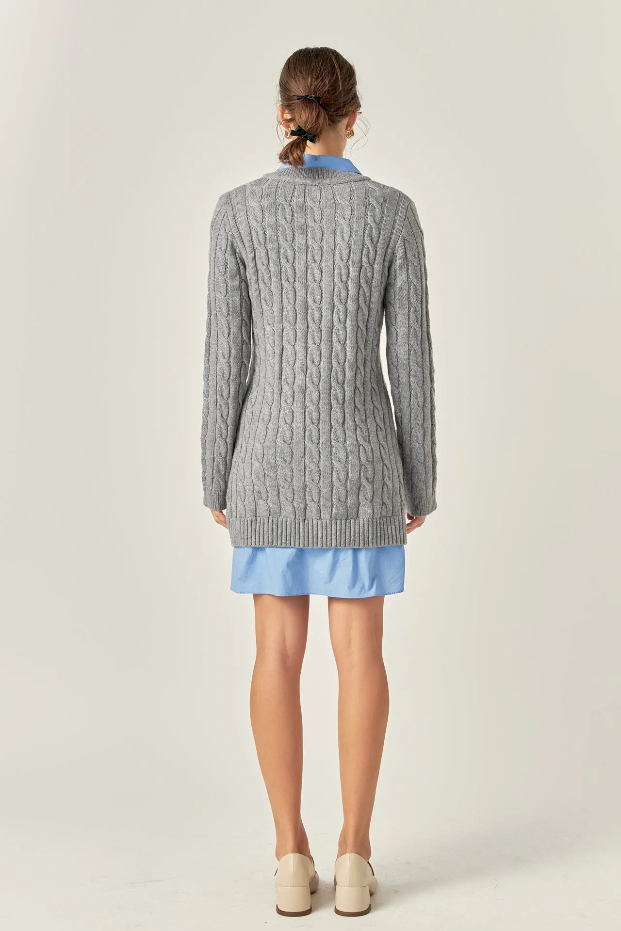 Mixed Media Cable Knit V-Neck Drop Sweater Dress