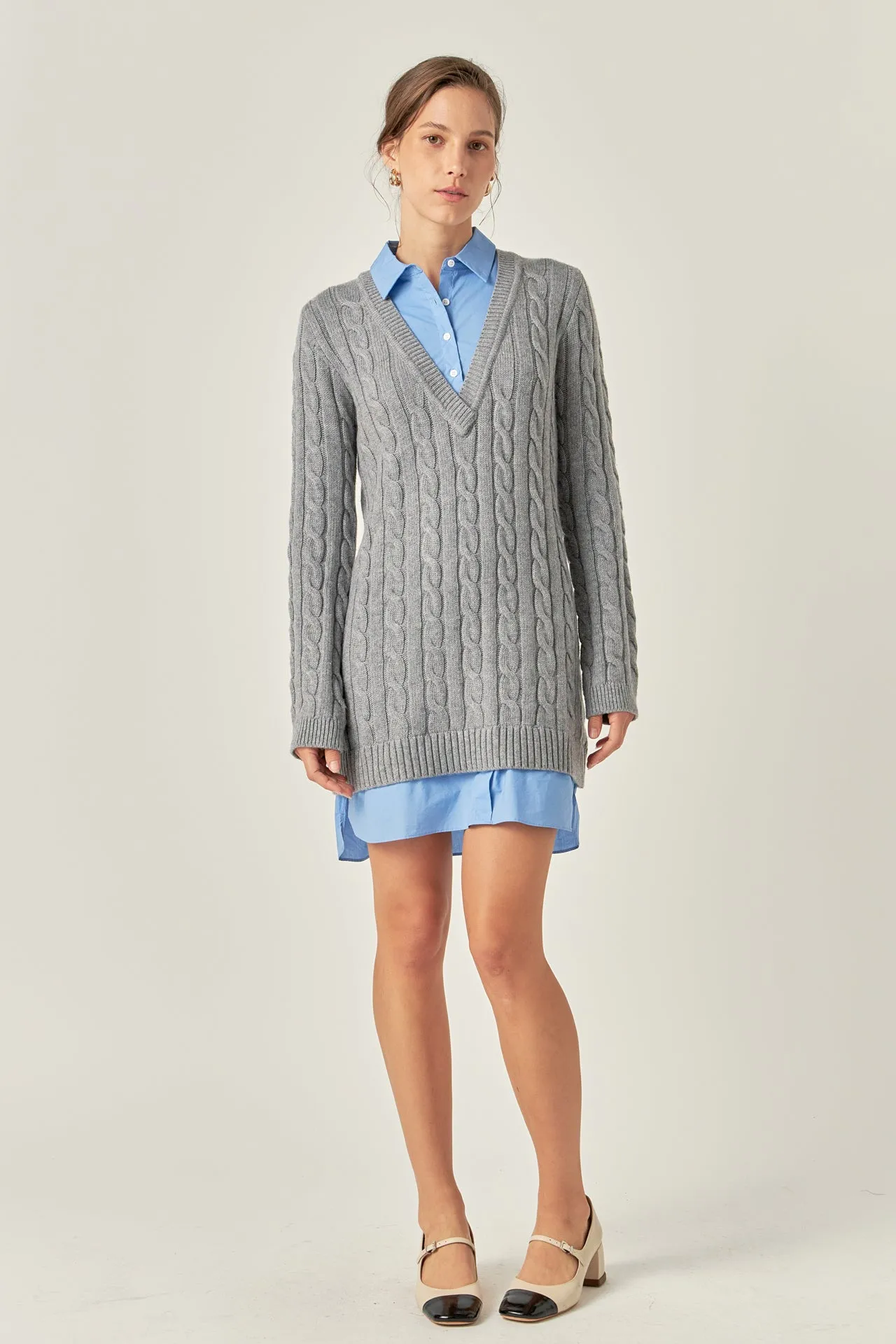 Mixed Media Cable Knit V-Neck Drop Sweater Dress