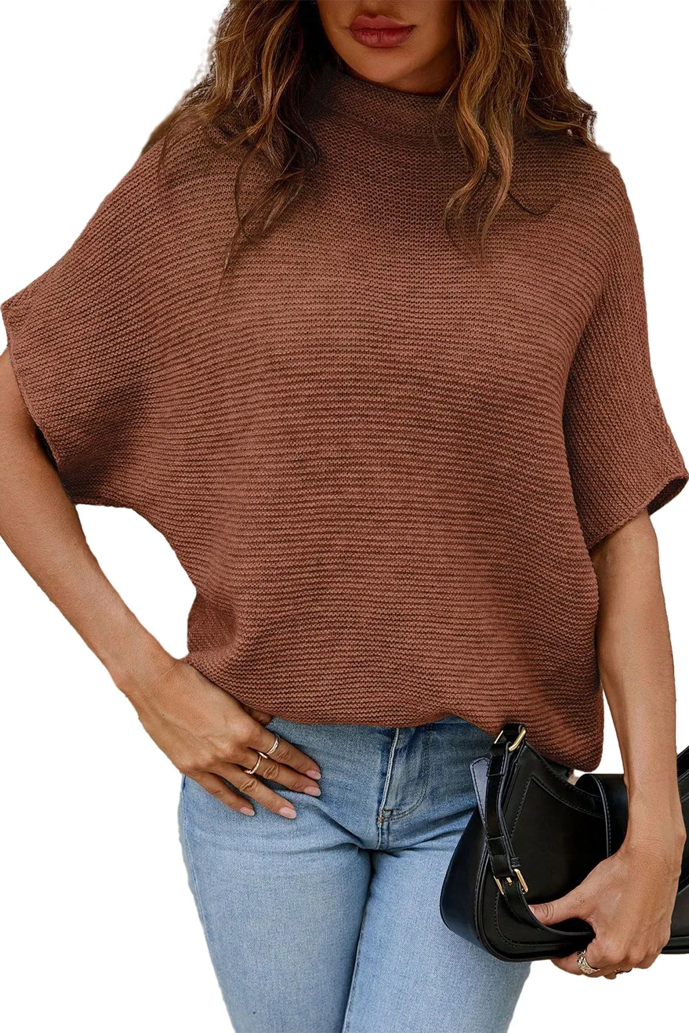 Mock Neck Short Batwing Sleeve Sweater