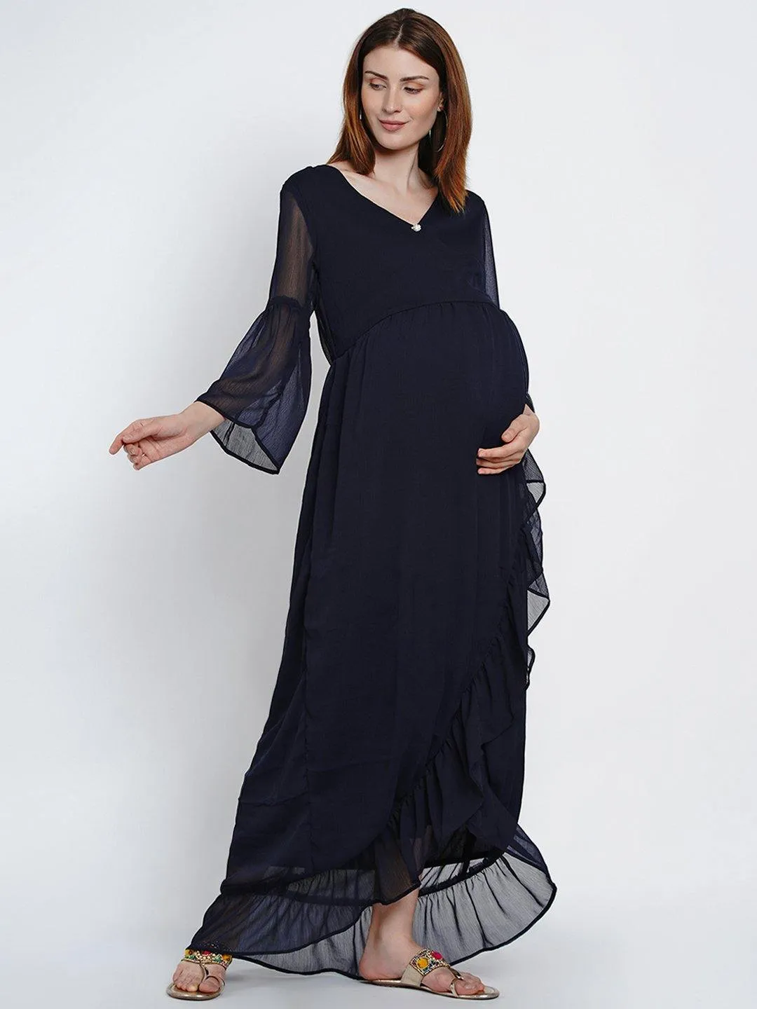 Navy Blue Wrap Chiffon Maternity Dress