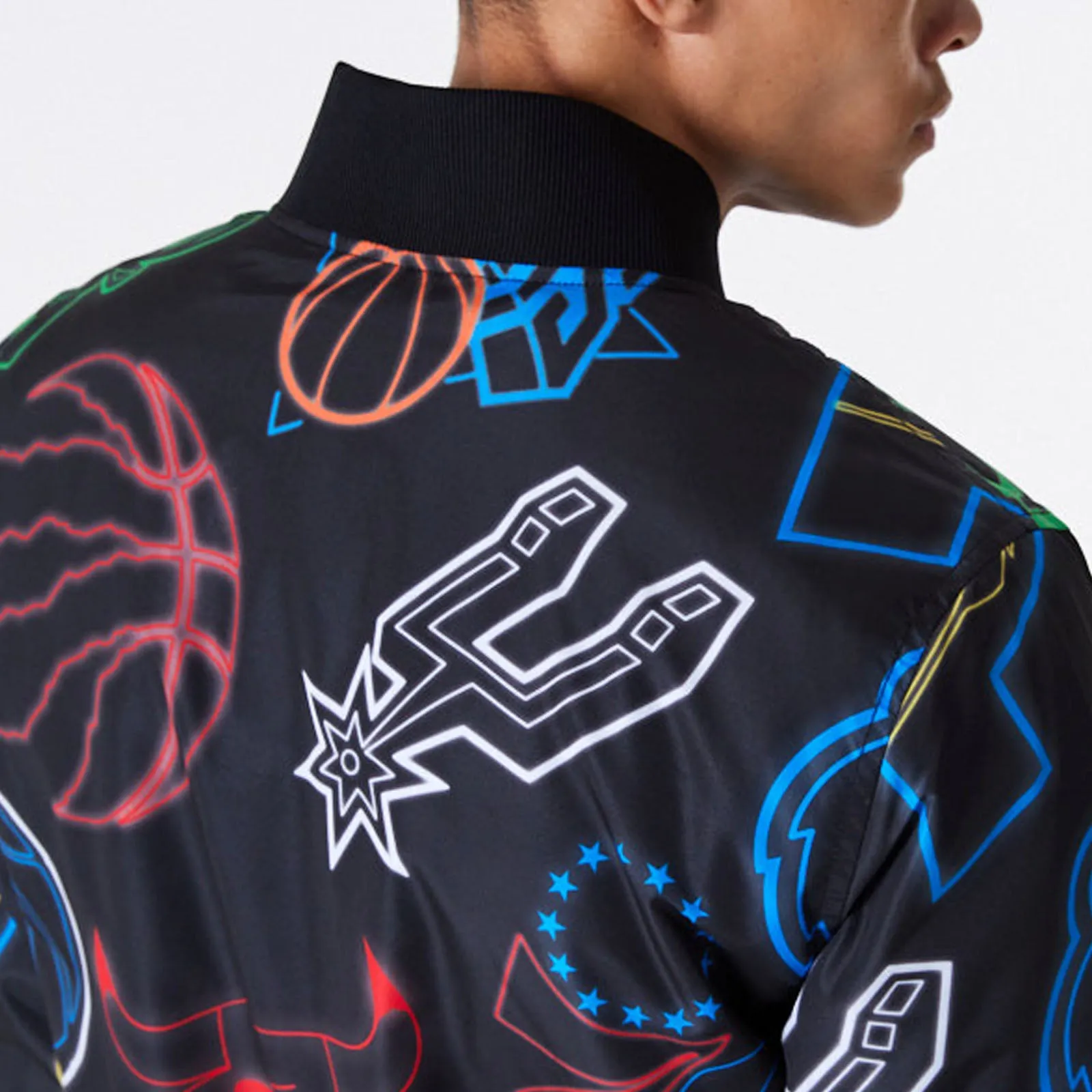 New Era Mens NBA All Over Print Graphic Bomber Jacket - Black