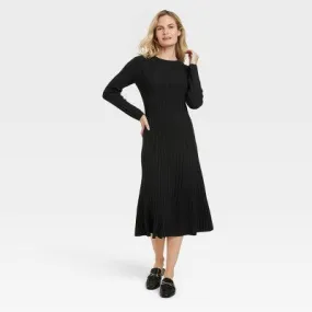 New - Women's Long Sleeve Midi Ribbed Sweater Dress - A New Day Black XL