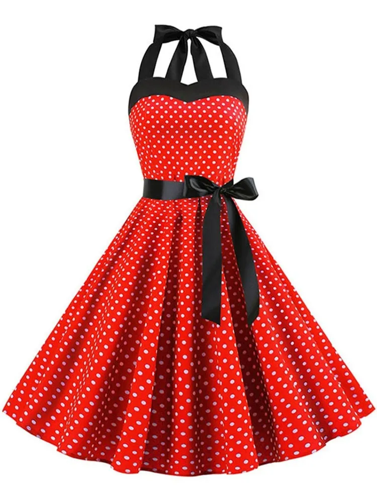 Nsquared Polka Dot Dress | Women Vintage Swing Halter Belt | 50s 60s Rockabilly