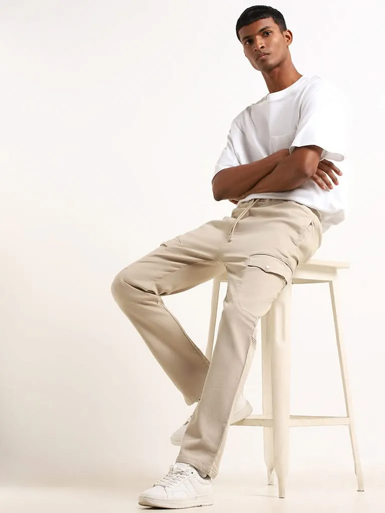 Nuon Beige Cargo Cotton Blend Relaxed Fit Mid Rise Pants