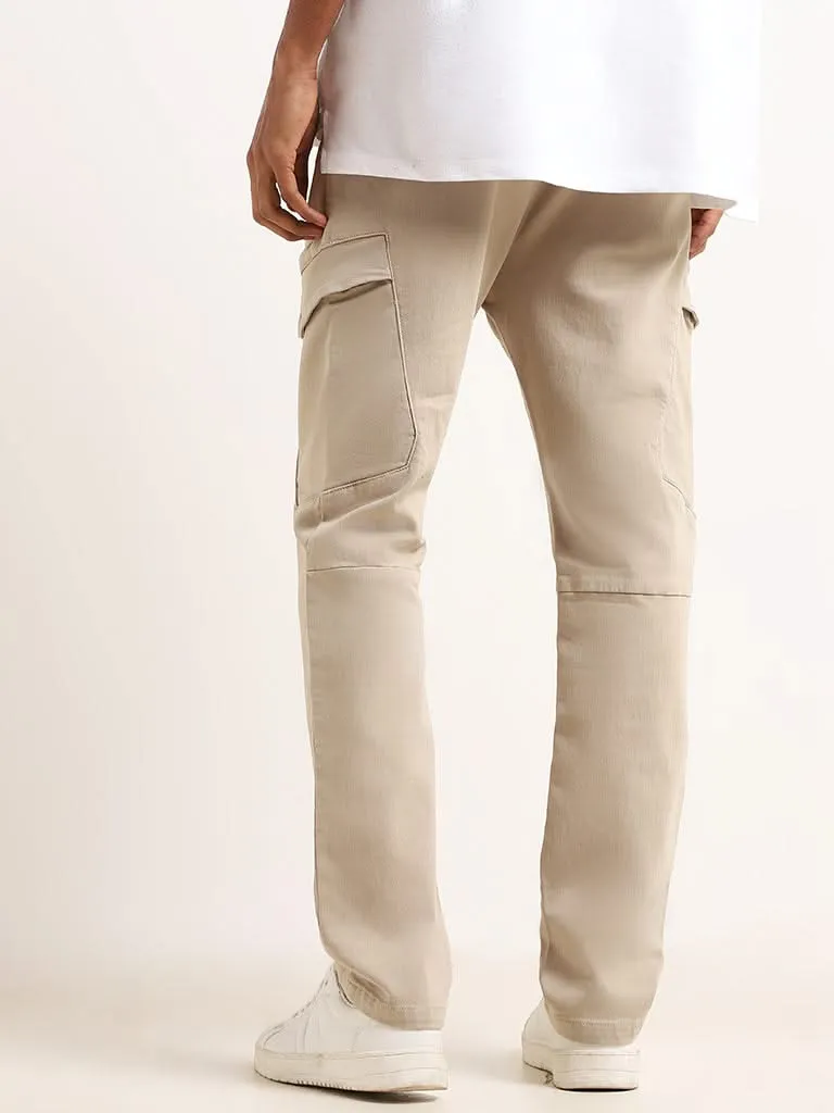 Nuon Beige Cargo Cotton Blend Relaxed Fit Mid Rise Pants