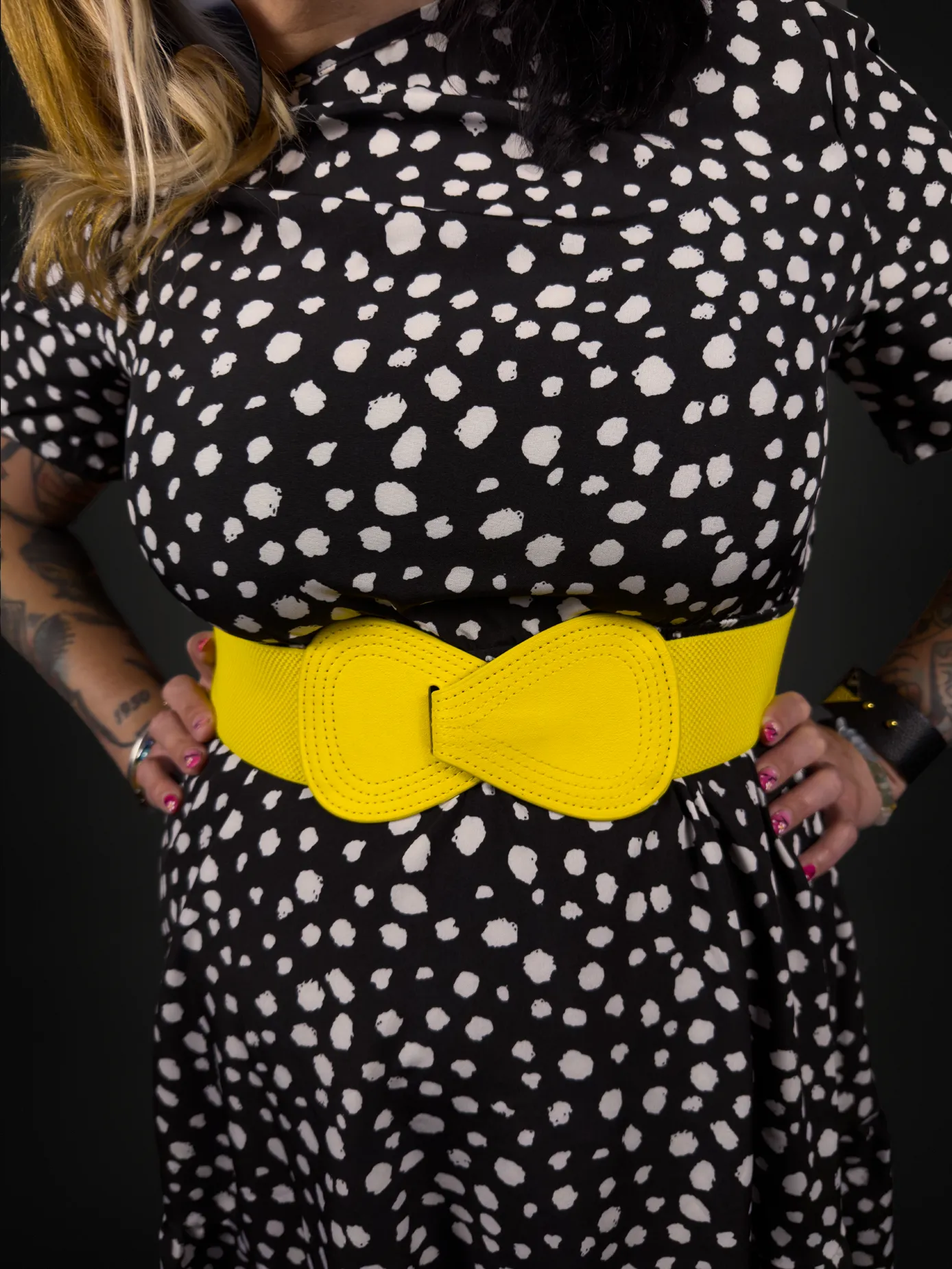 Outfit Set - Black & White Cheetah Print Dress & Yellow Wide Bow Belt