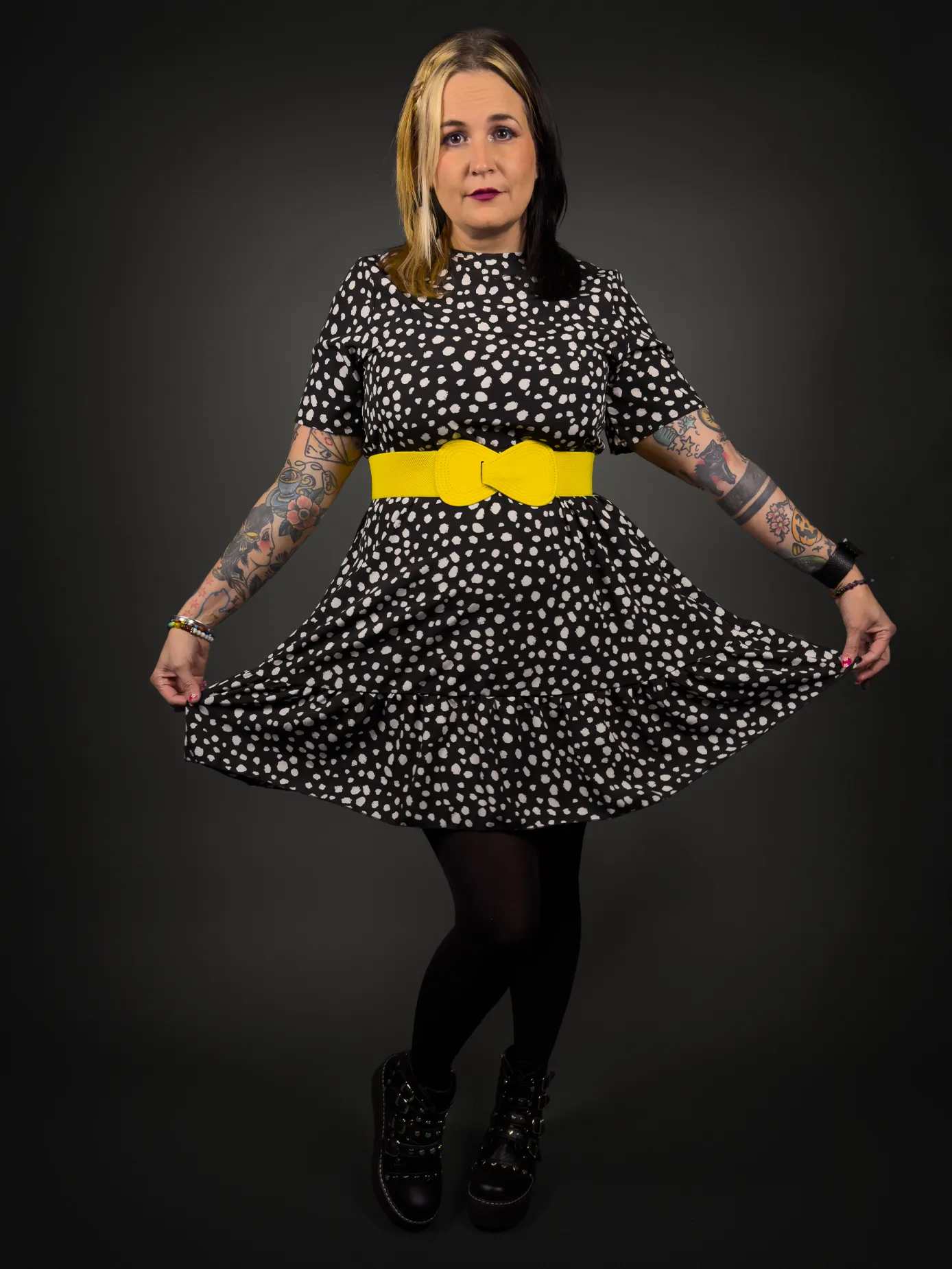 Outfit Set - Black & White Cheetah Print Dress & Yellow Wide Bow Belt