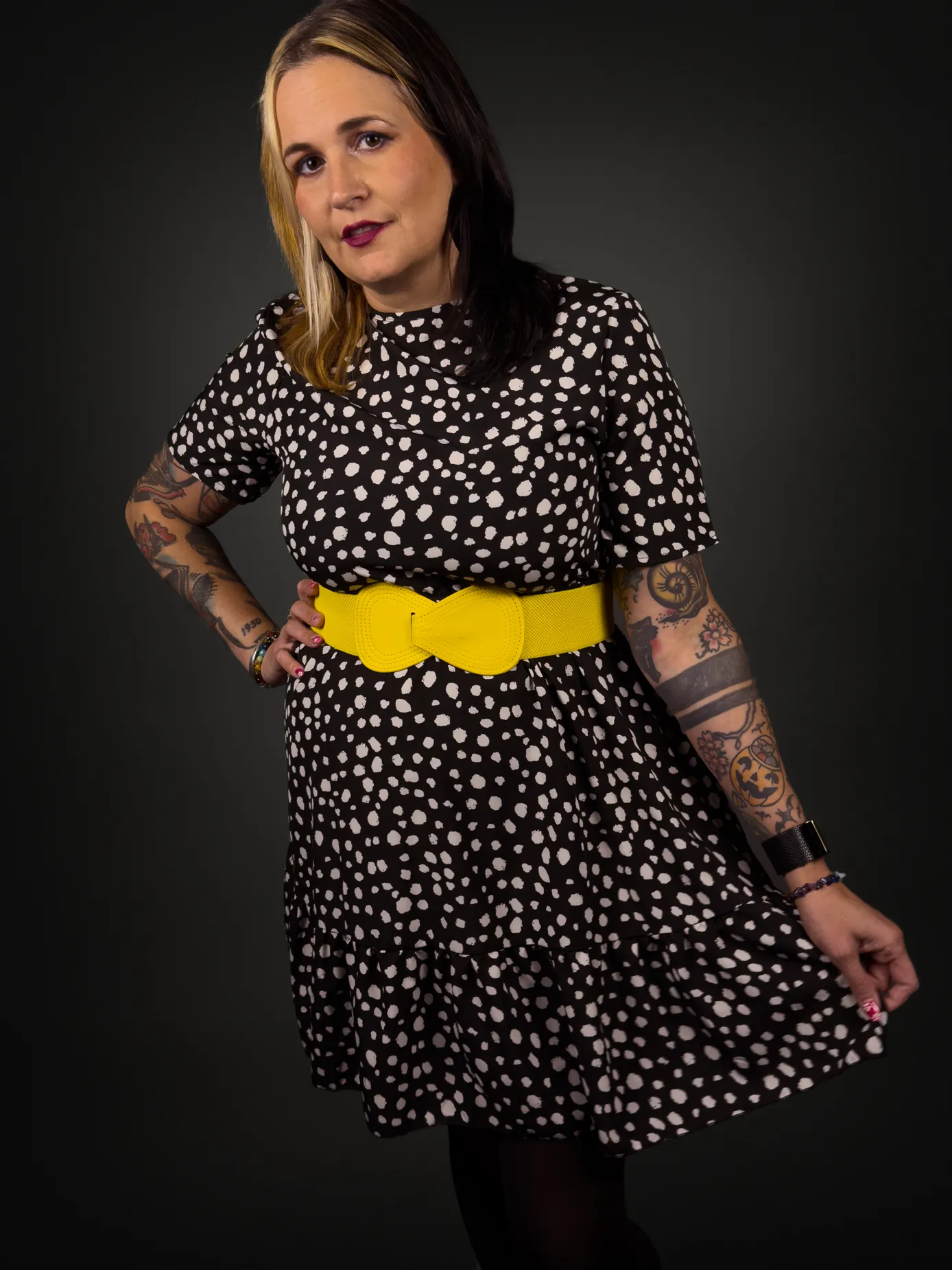 Outfit Set - Black & White Cheetah Print Dress & Yellow Wide Bow Belt