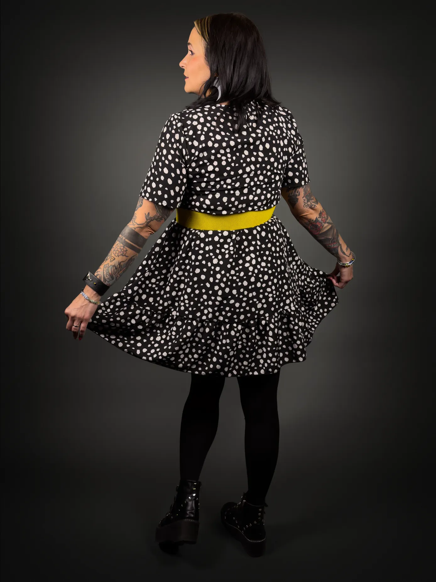 Outfit Set - Black & White Cheetah Print Dress & Yellow Wide Bow Belt