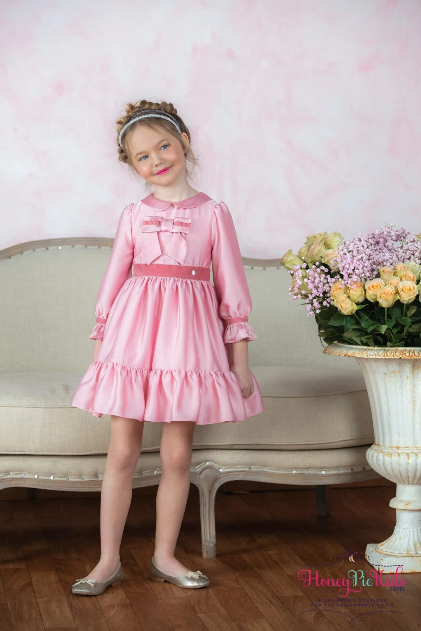 Patachou Girls Georgette Pink Satin & Velvet Bow Dress