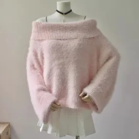 Pink Women’s One-Shoulder Pile Collar Sweater AD21171