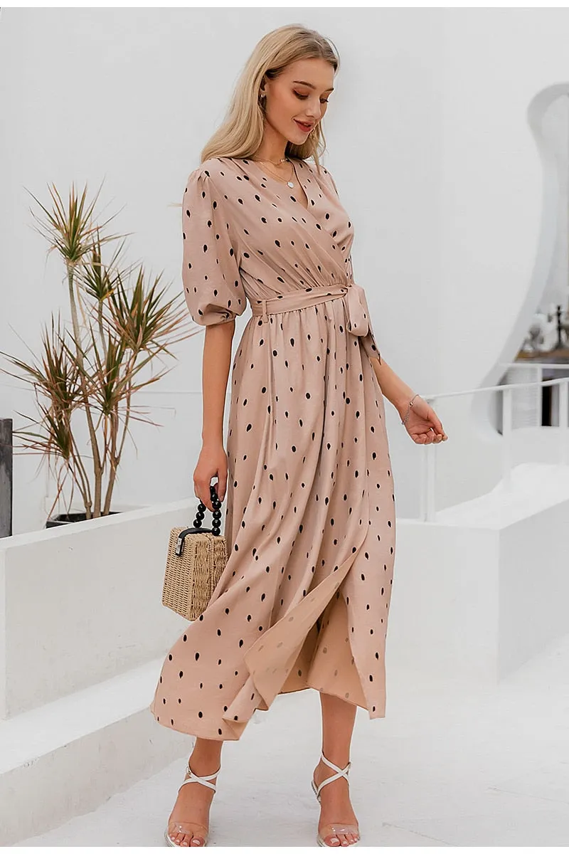 Polka Dot Wrap Elegant Puff Sleeve A-line V-neck Sash Wrap Retro Maxi Dress