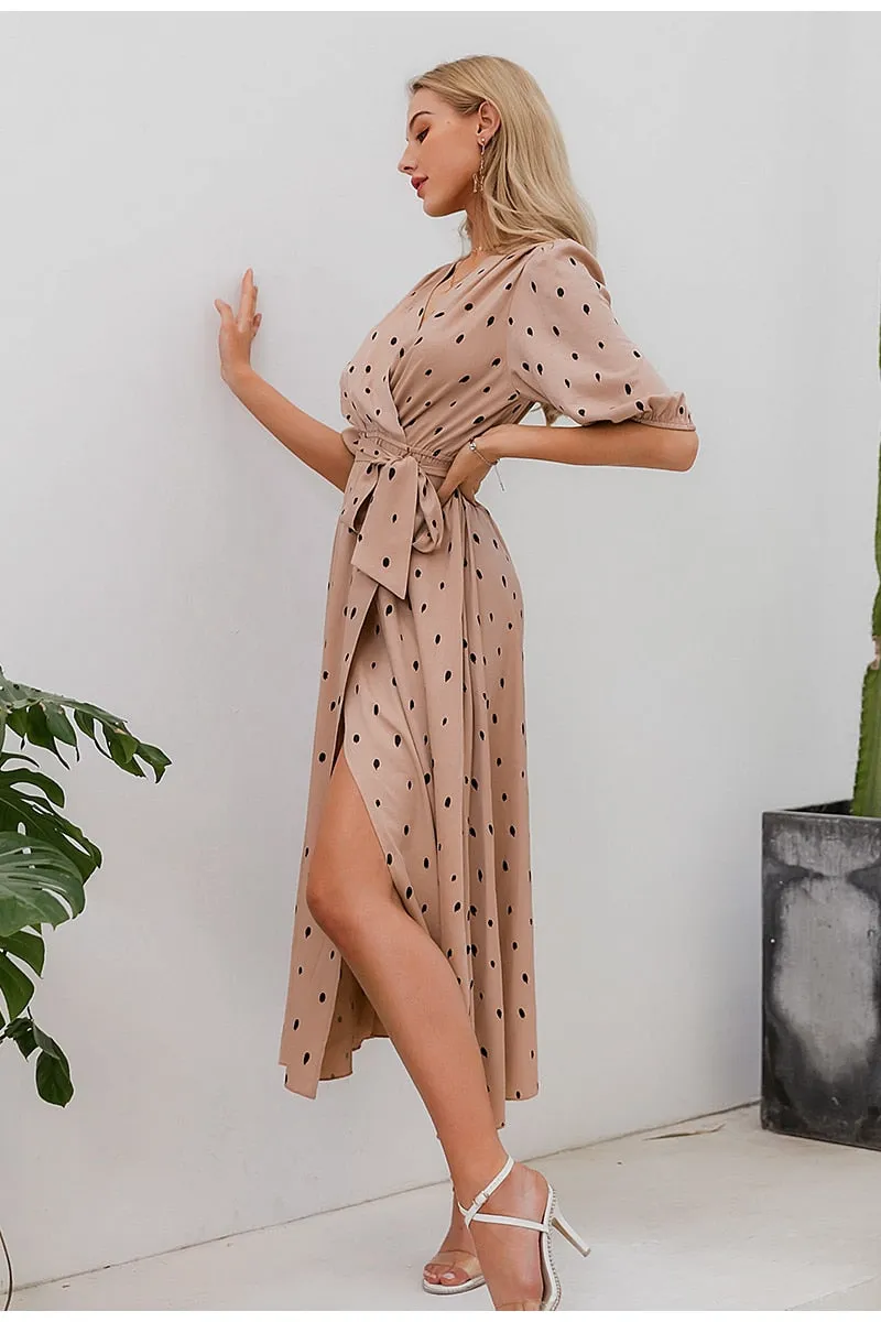 Polka Dot Wrap Elegant Puff Sleeve A-line V-neck Sash Wrap Retro Maxi Dress