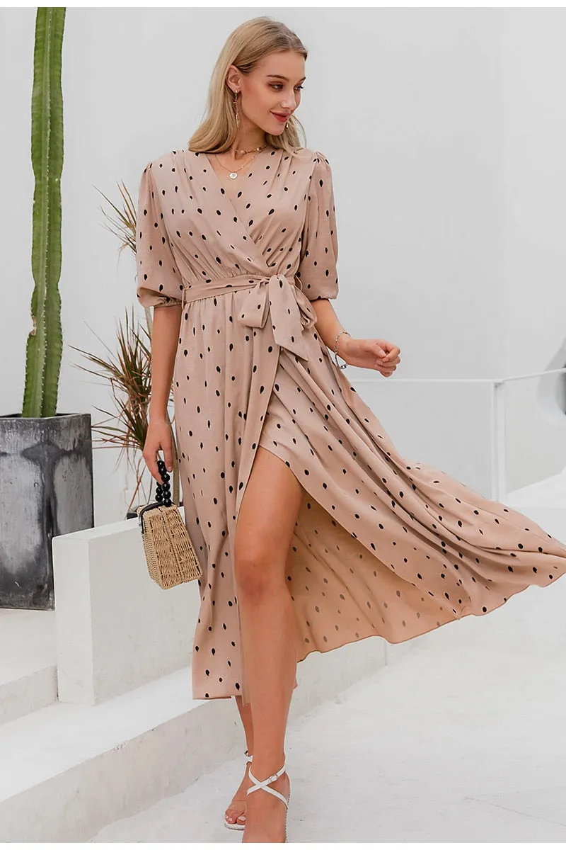 Polka Dot Wrap Elegant Puff Sleeve A-line V-neck Sash Wrap Retro Maxi Dress