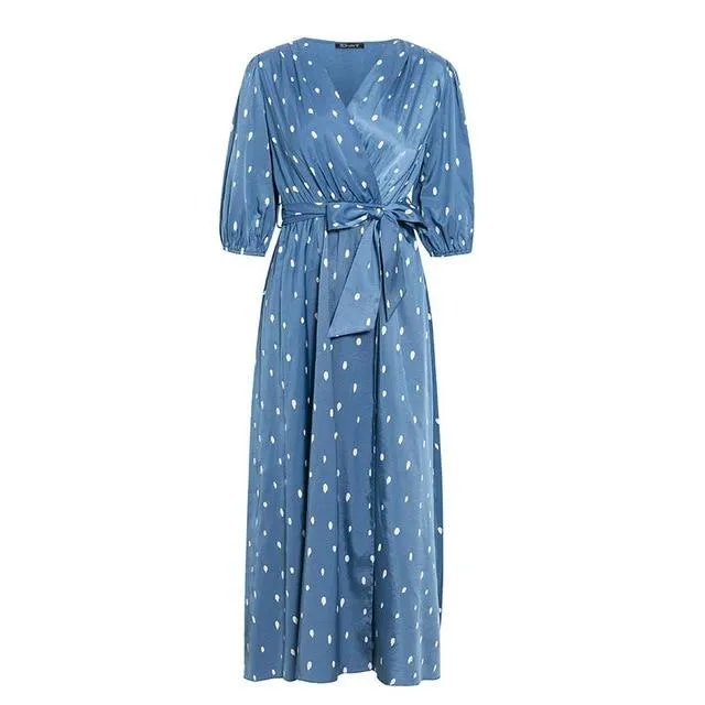 Polka Dot Wrap Elegant Puff Sleeve A-line V-neck Sash Wrap Retro Maxi Dress