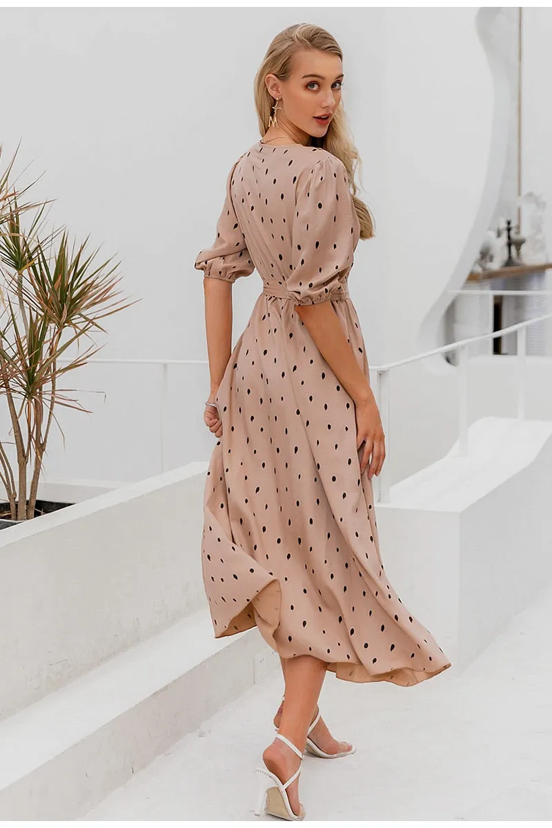 Polka Dot Wrap Elegant Puff Sleeve A-line V-neck Sash Wrap Retro Maxi Dress