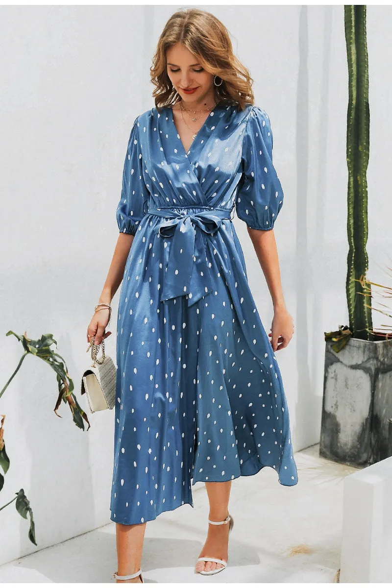 Polka Dot Wrap Elegant Puff Sleeve A-line V-neck Sash Wrap Retro Maxi Dress