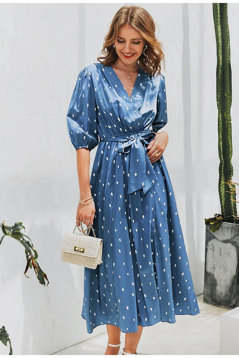 Polka Dot Wrap Elegant Puff Sleeve A-line V-neck Sash Wrap Retro Maxi Dress