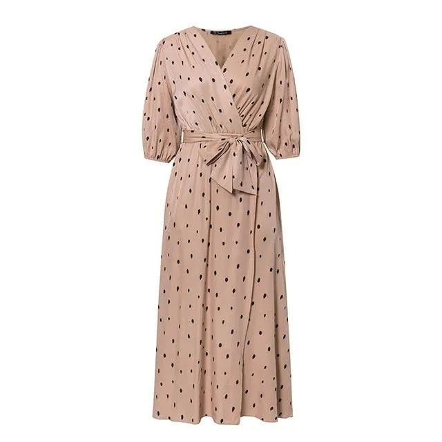 Polka Dot Wrap Elegant Puff Sleeve A-line V-neck Sash Wrap Retro Maxi Dress