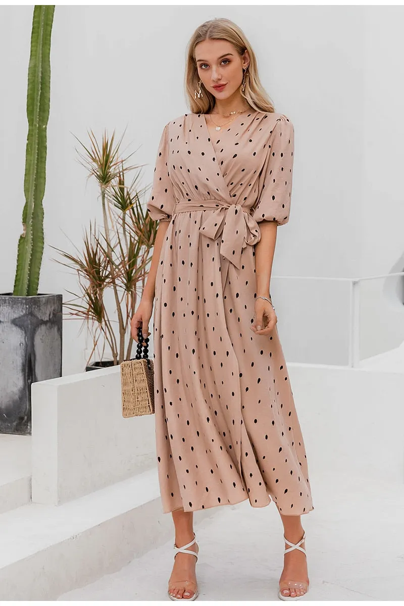 Polka Dot Wrap Elegant Puff Sleeve A-line V-neck Sash Wrap Retro Maxi Dress