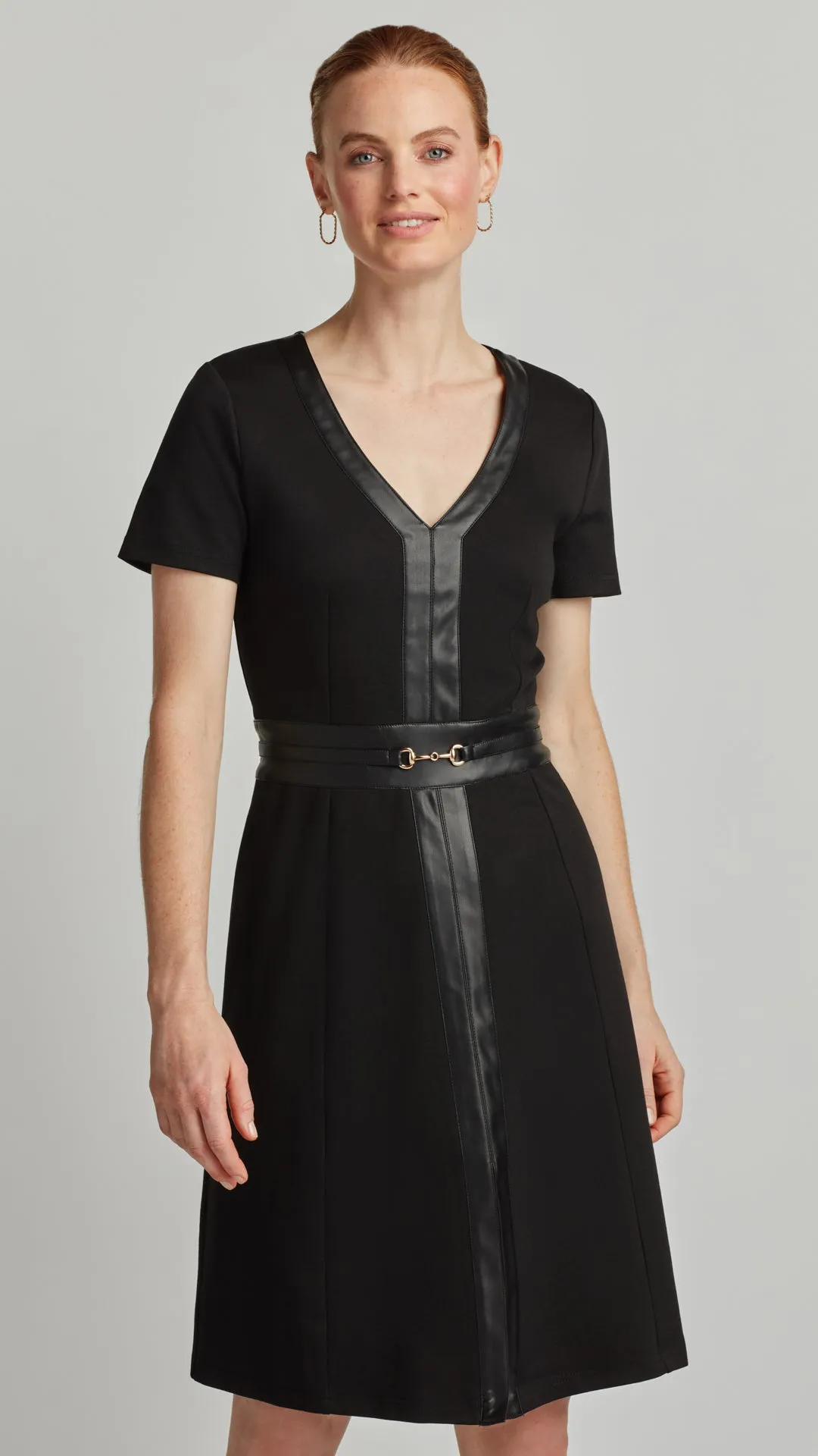 PONTE FLARE DRESS WITH VEGAN LEATHER TRIM