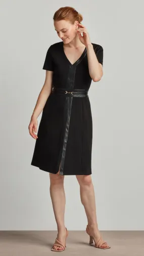 PONTE FLARE DRESS WITH VEGAN LEATHER TRIM