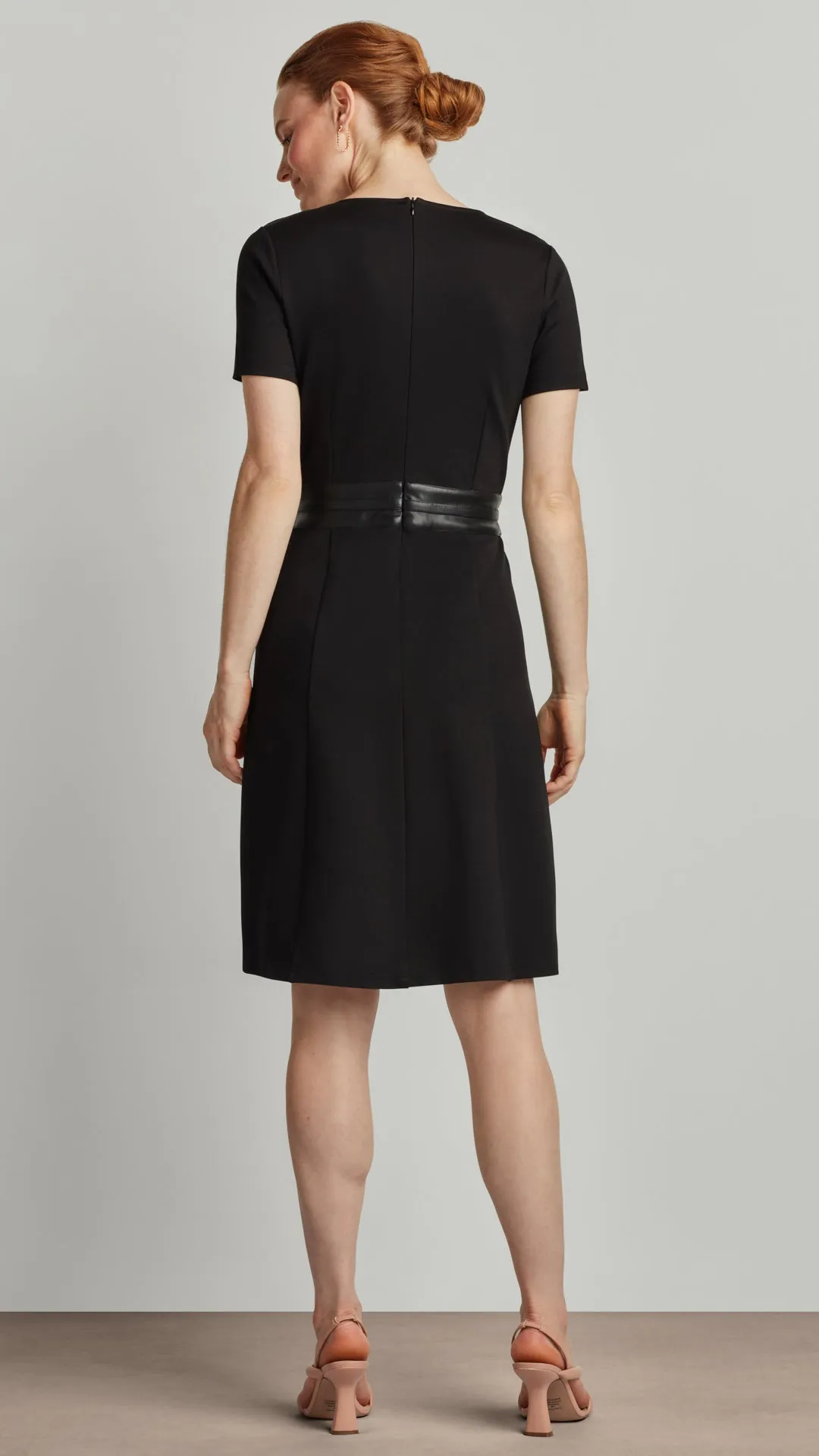 PONTE FLARE DRESS WITH VEGAN LEATHER TRIM