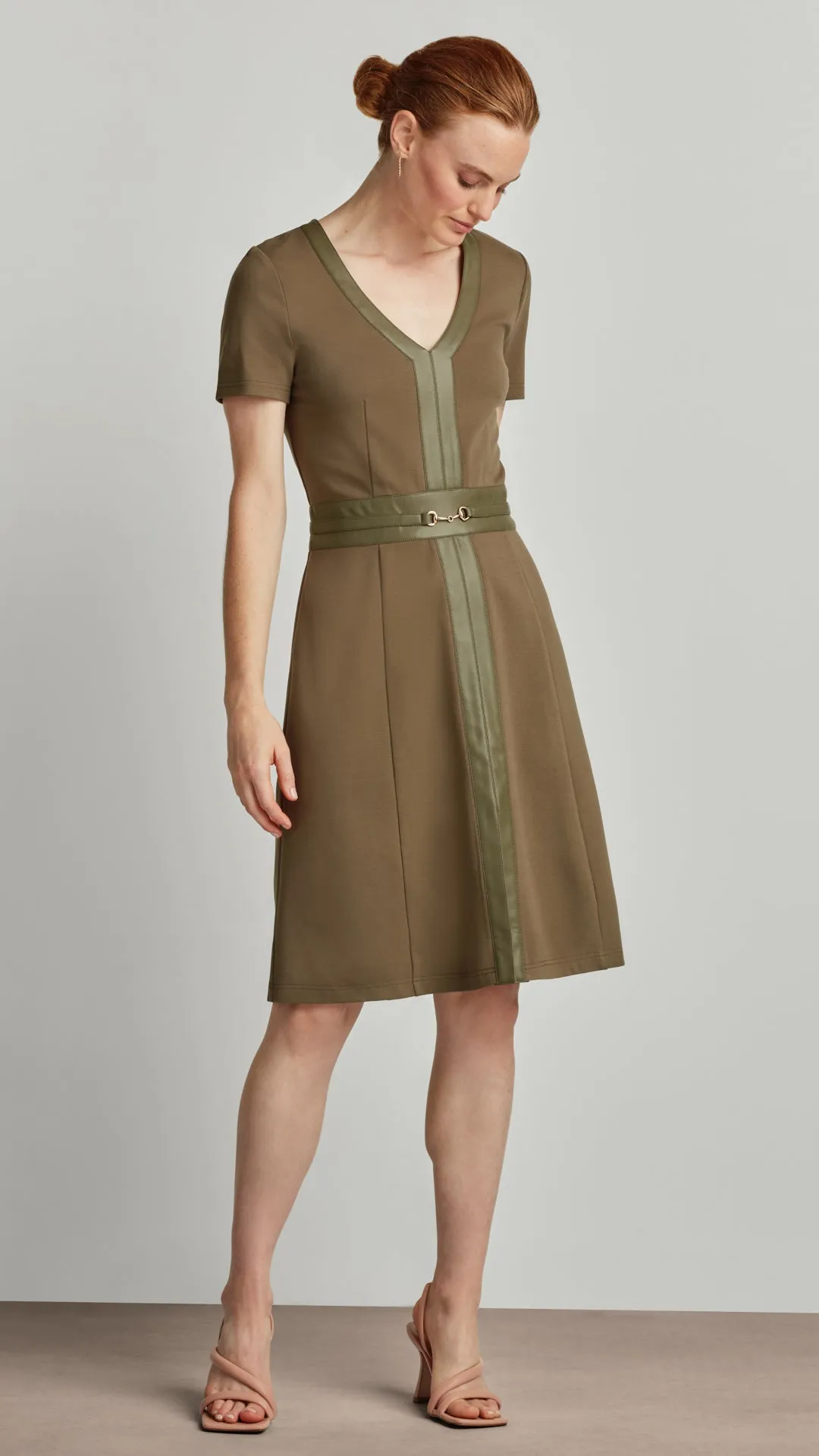 PONTE FLARE DRESS WITH VEGAN LEATHER TRIM