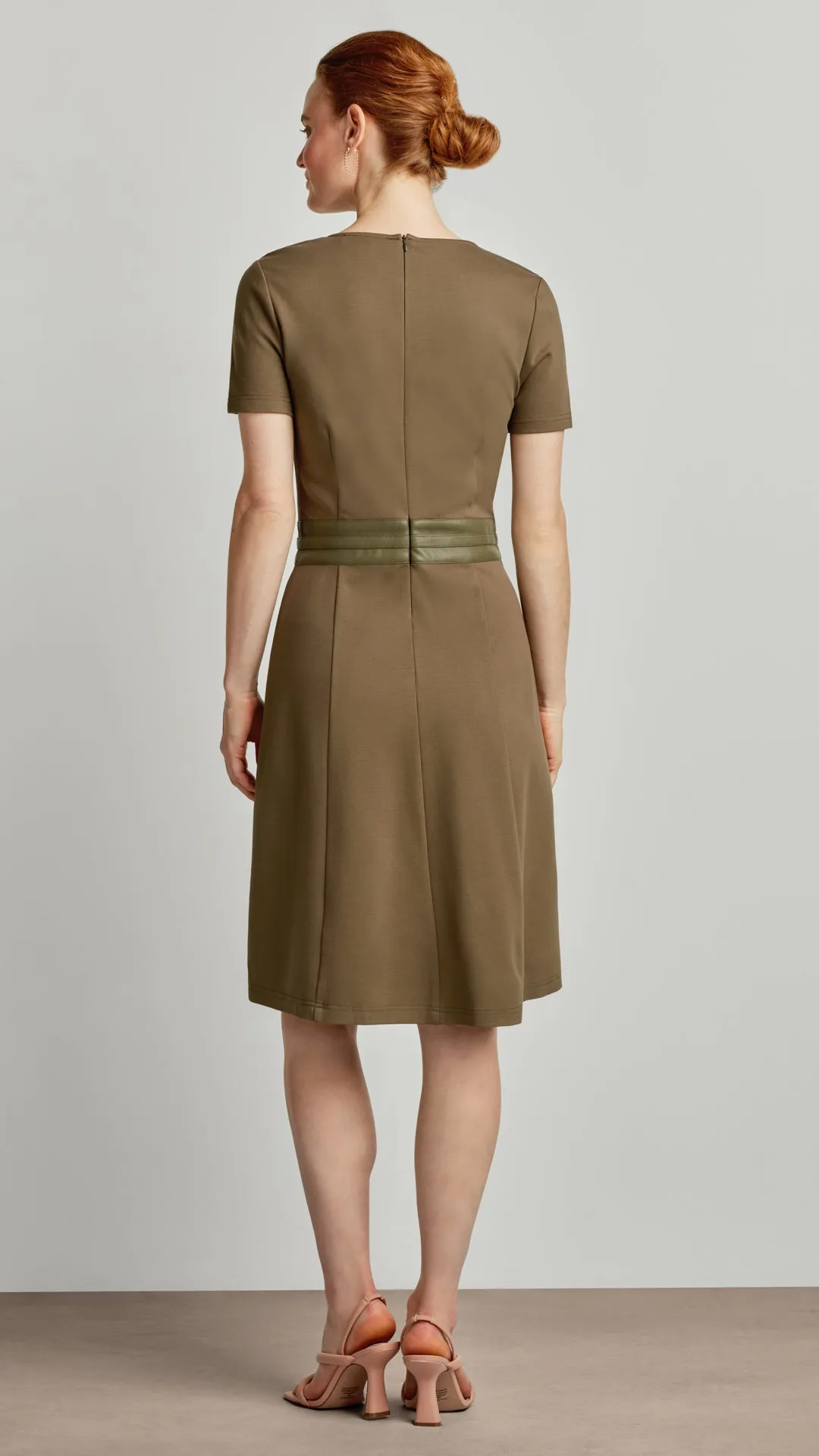 PONTE FLARE DRESS WITH VEGAN LEATHER TRIM