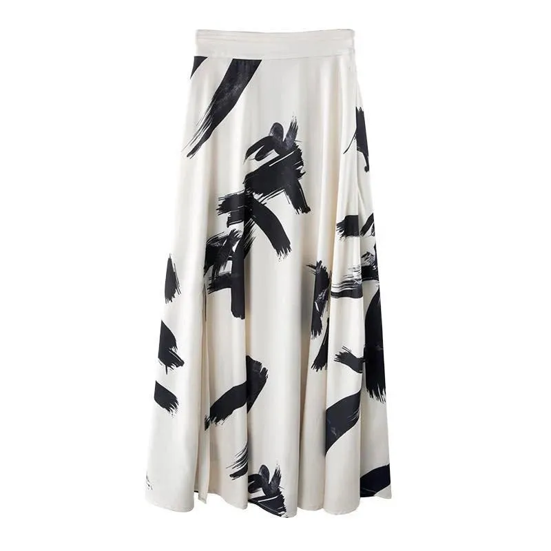 Print Split Skirt Ladies High Waist Elastic Large Size X Long Elegant Skirts Female Spring Summer New Clothes