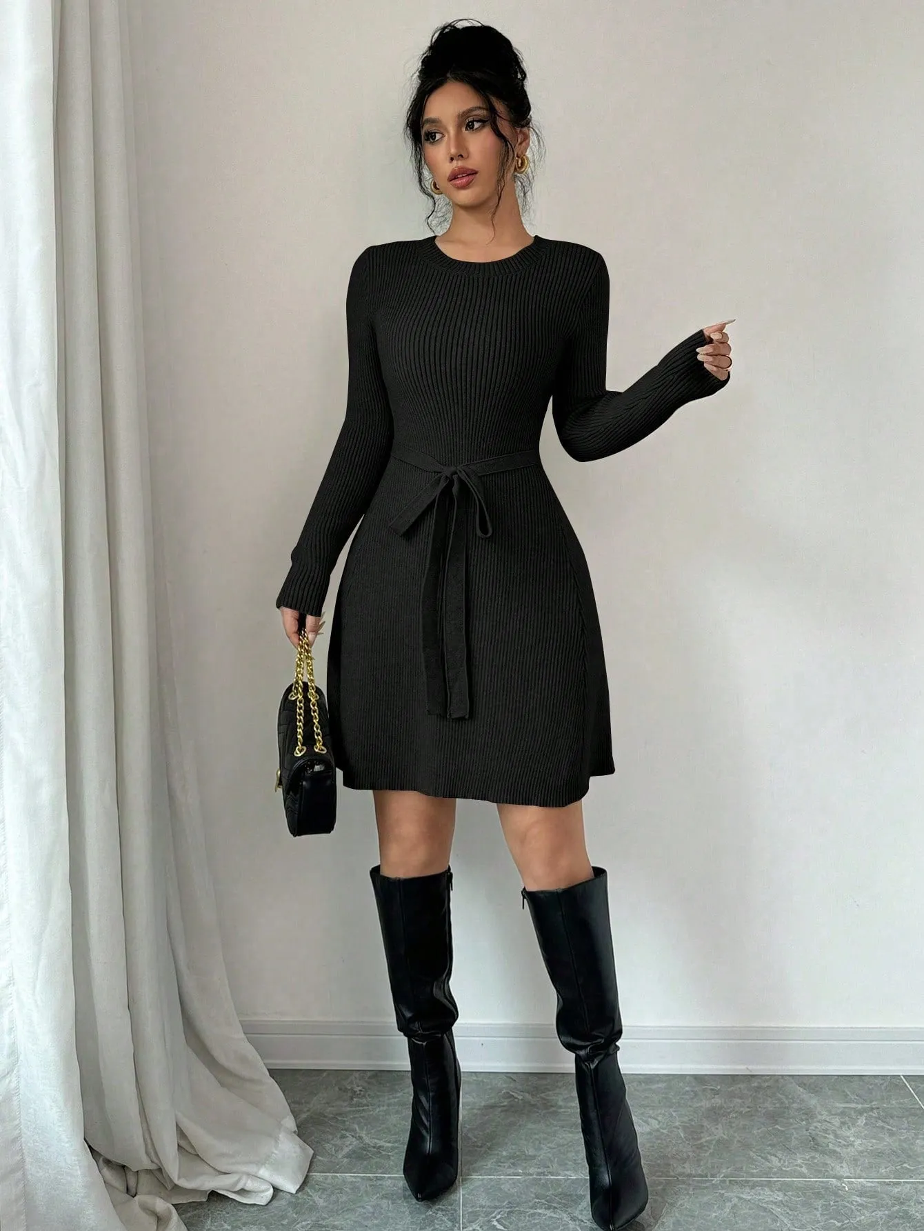 Prive Solid Color A-Line Midi Flared Knit Sweater Dress