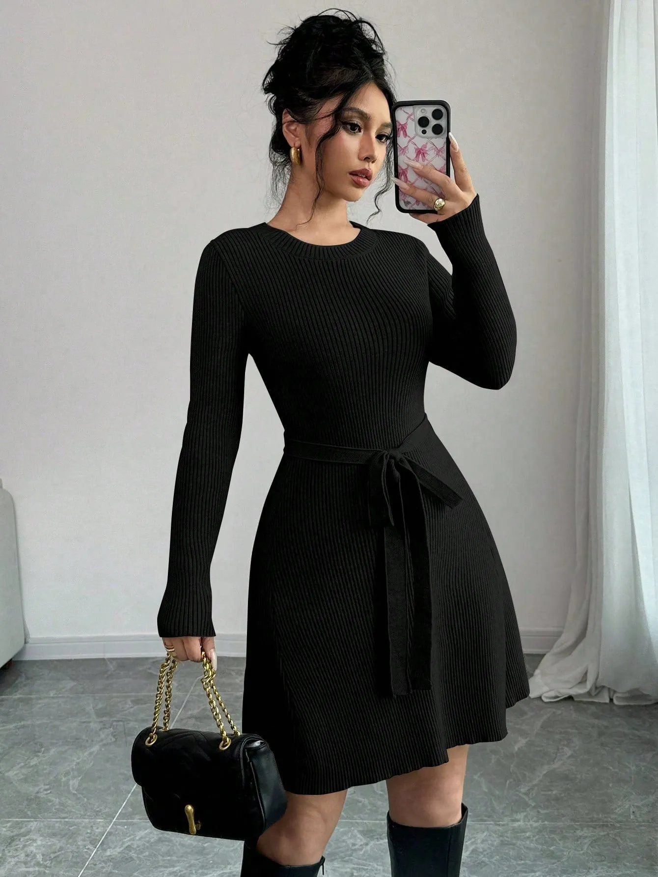 Prive Solid Color A-Line Midi Flared Knit Sweater Dress