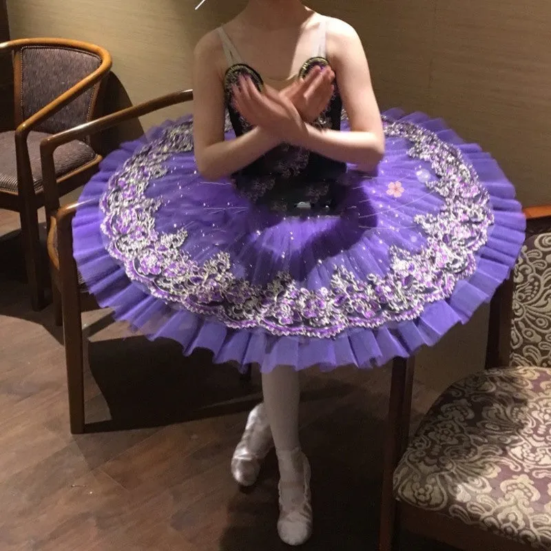 Professional Girls Dark Purple Velvet Pancake Tutu Performance Costume