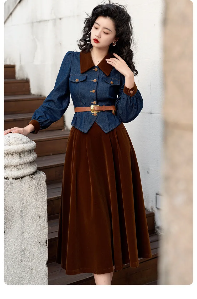 Retro 50s Denim Velvet Skirt Set