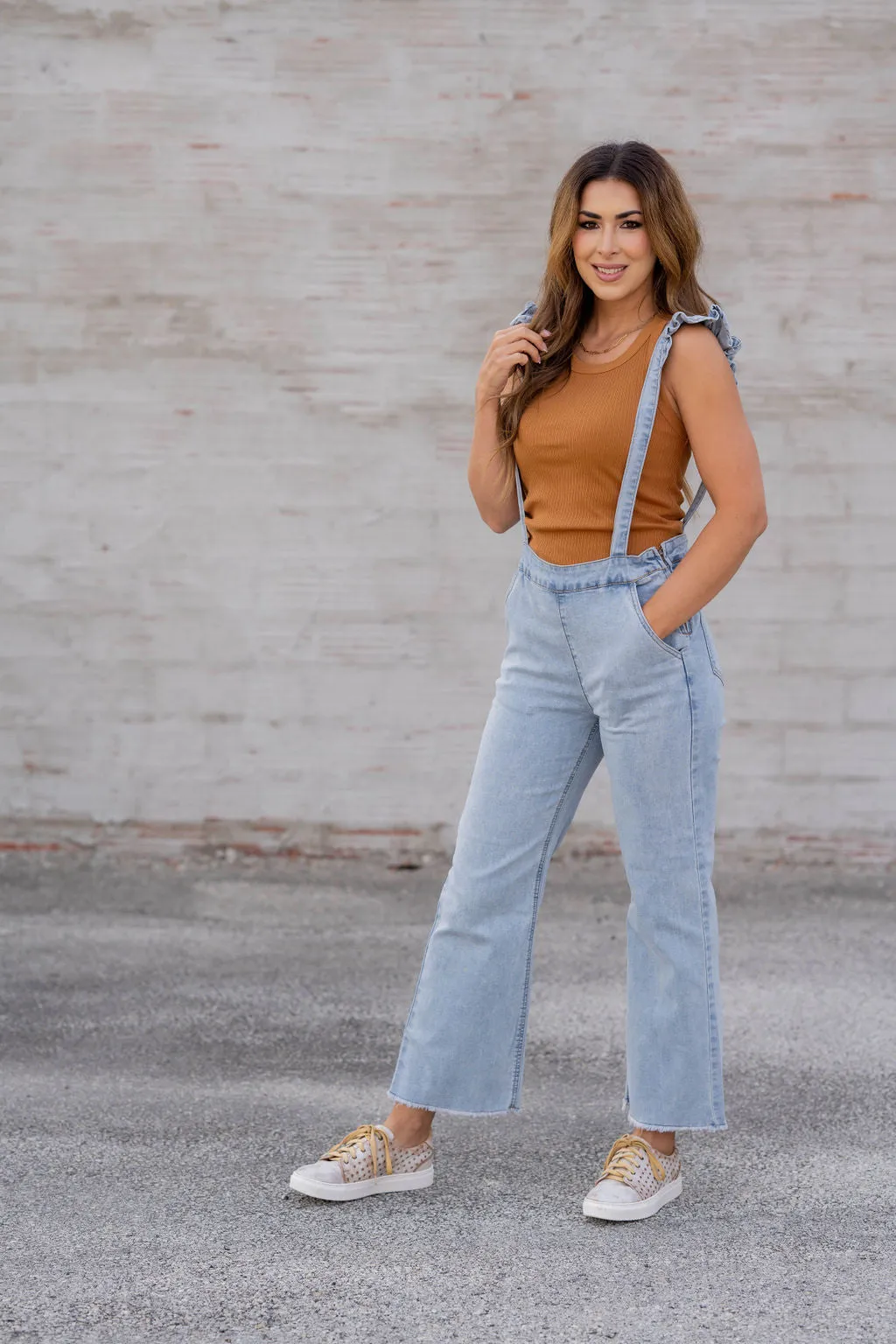 Ruffle Accented Denim Overalls