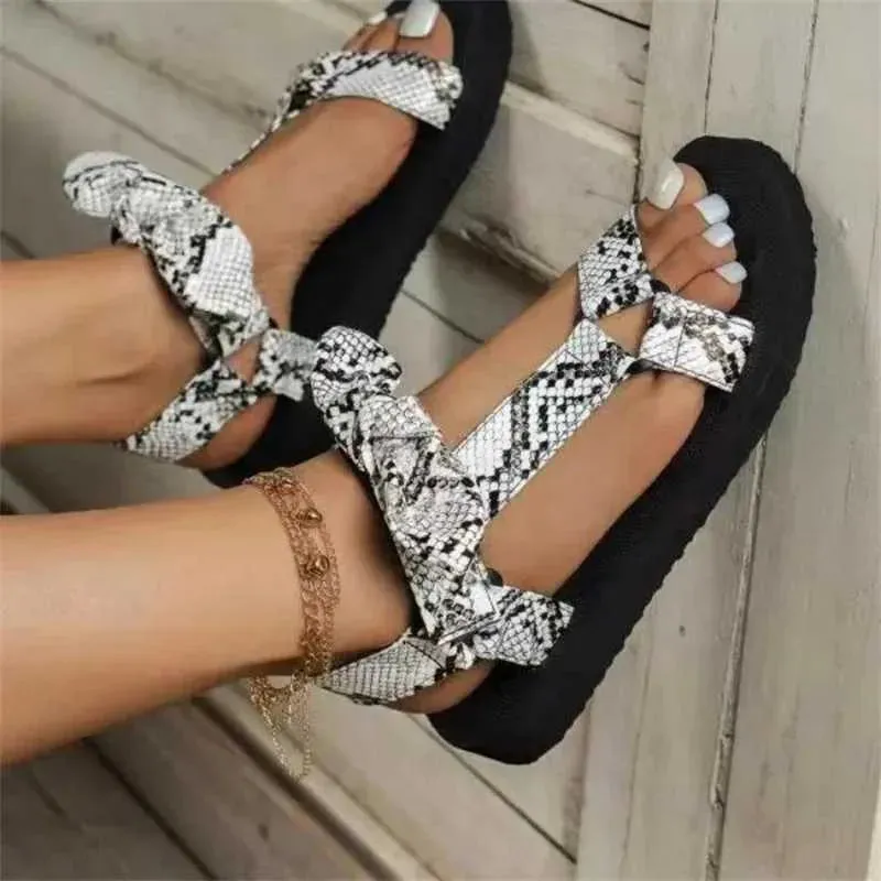 Sandals New Summer Womens Sandals Color Flat Casual Lace Bowtie Shoes Womens Fashion  Outdoor Leopard Beach Unprinted Good Product XW6.4