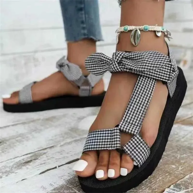 Sandals New Summer Womens Sandals Color Flat Casual Lace Bowtie Shoes Womens Fashion  Outdoor Leopard Beach Unprinted Good Product XW6.4