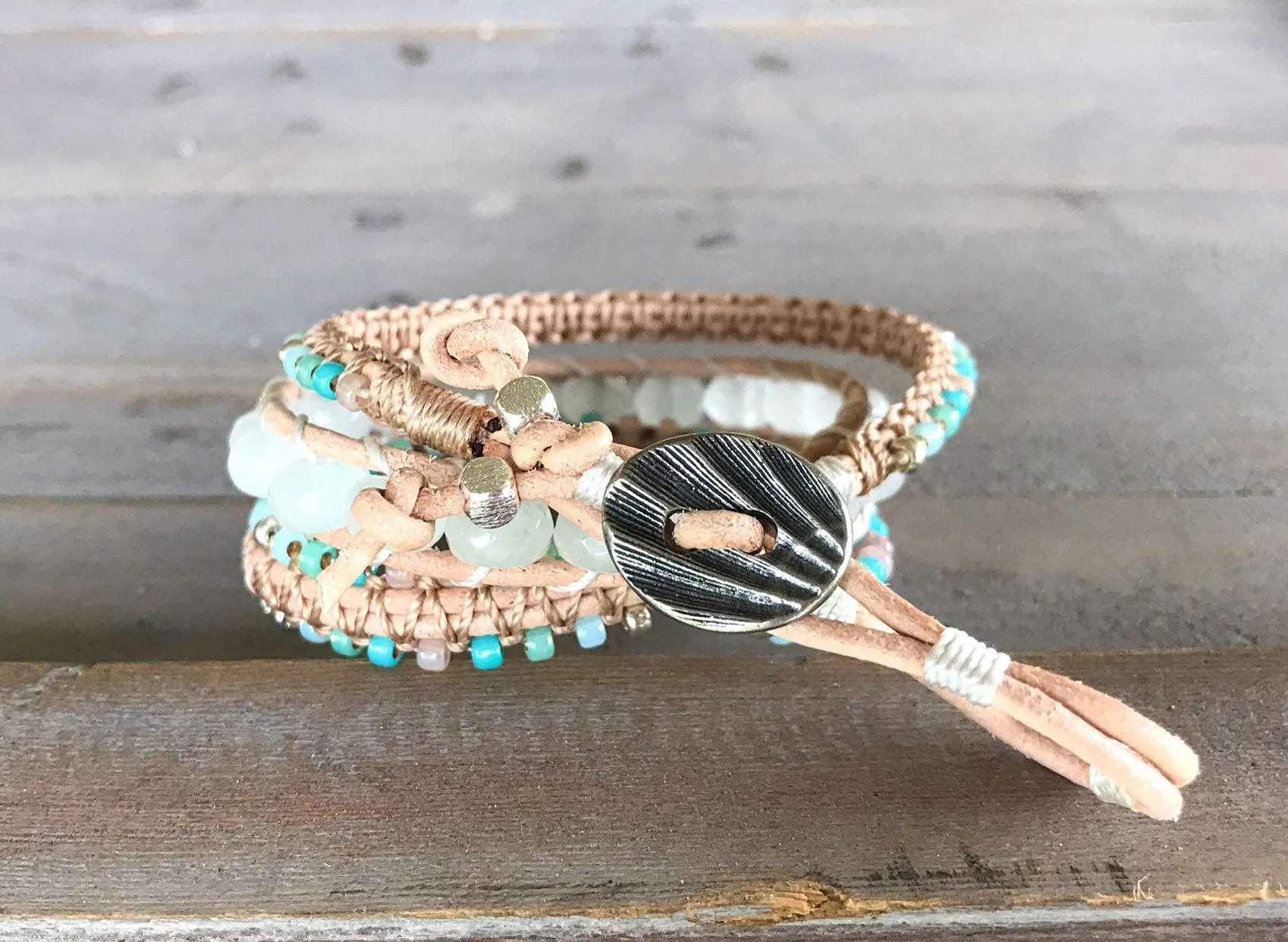 Seafoam Jade and Macrame Boho 3x wrap bracelet