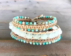 Seafoam Jade and Macrame Boho 3x wrap bracelet