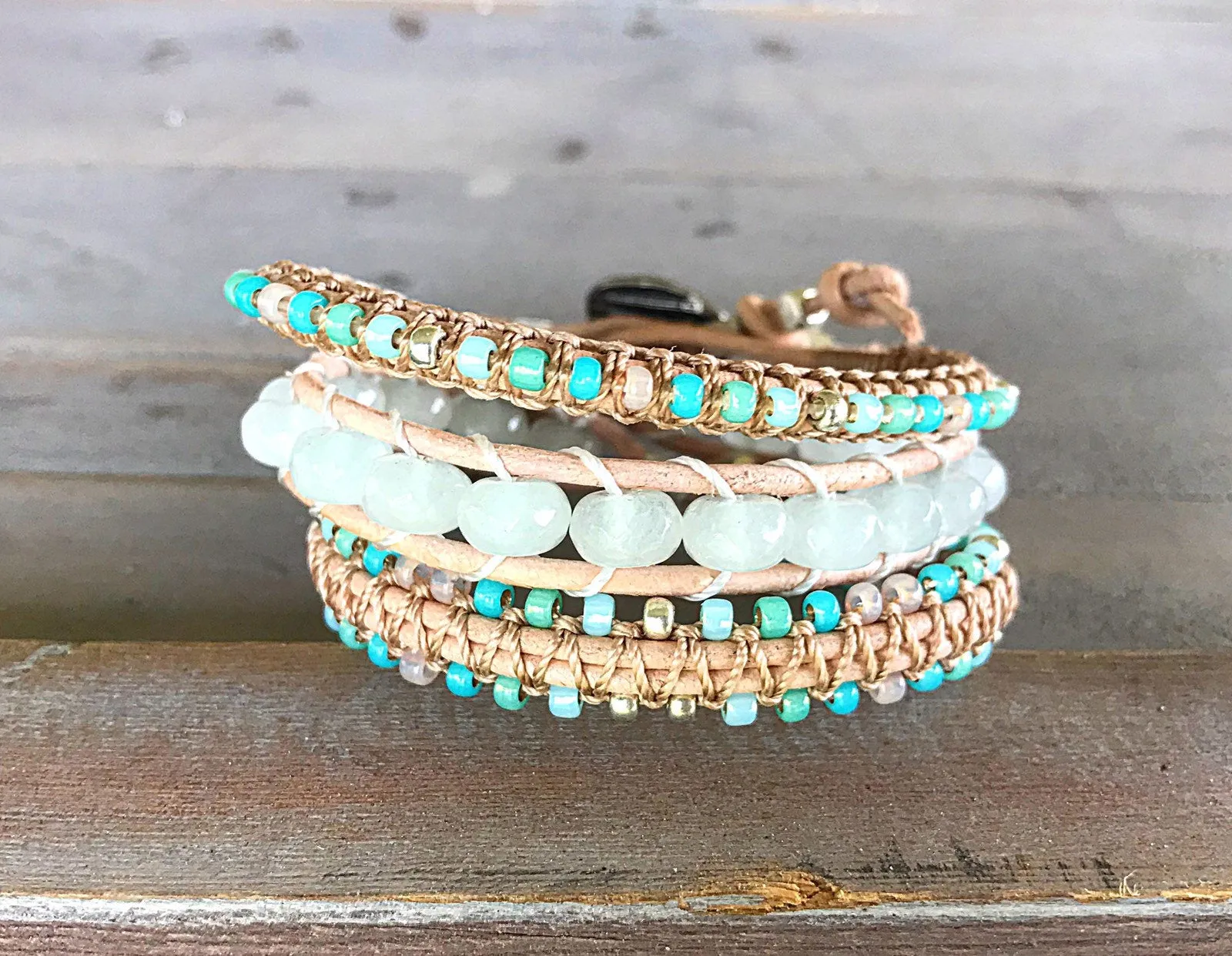 Seafoam Jade and Macrame Boho 3x wrap bracelet