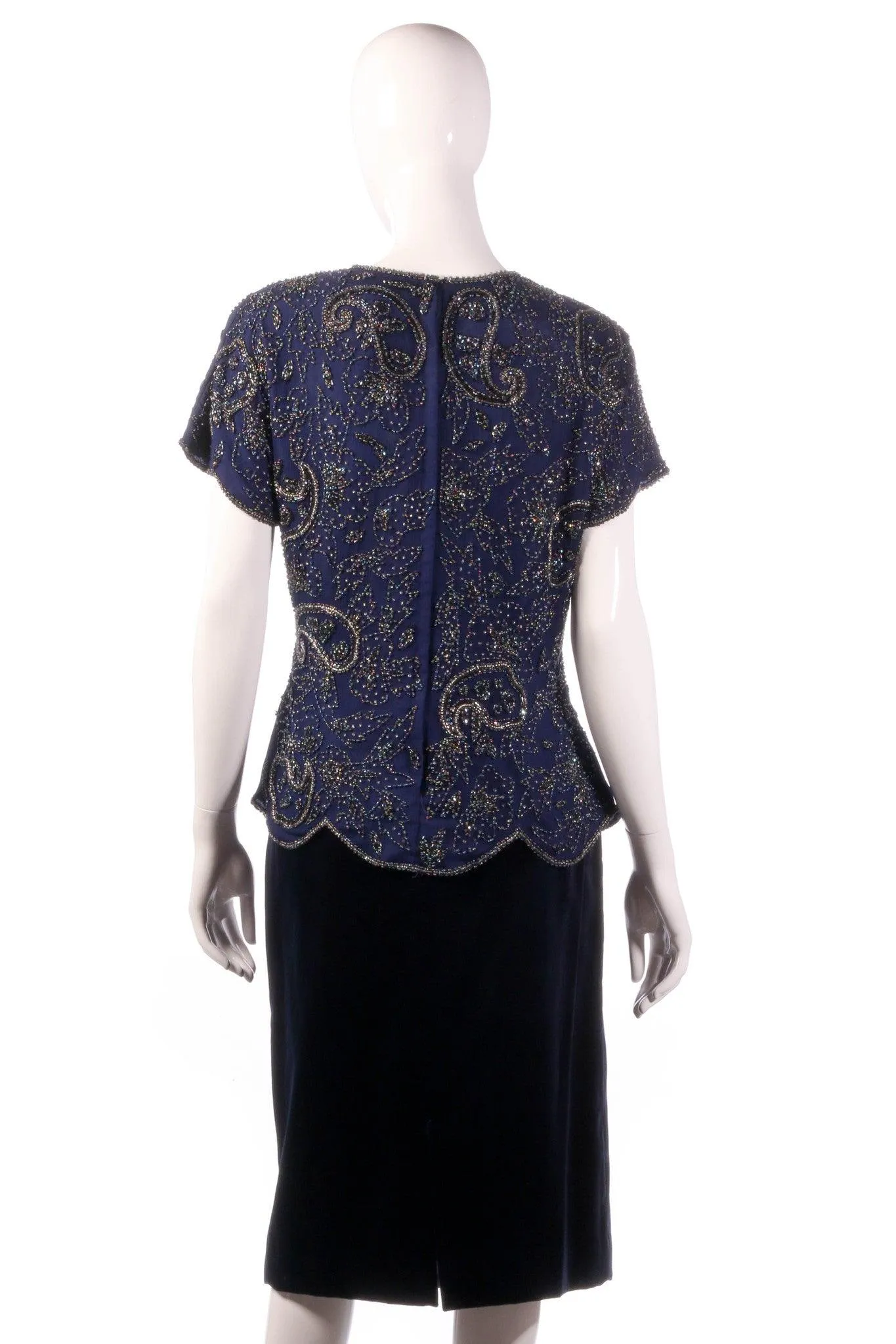 Serenade Blue Short Sleeve 100% Silk Beaded Top and Dark Blue Velvet Knee Length Skirt Size 14/16